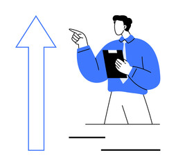 Man holding clipboard and pointing upward arrow symbolizing success, leadership, and planning. Ideal for business, strategy, leadership, growth, motivation goal setting achievement. Flat simple