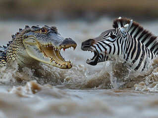 a crocodile attacks with open jaws a group of wildebeest and zebras as they cross a wide river in Tanzania during the great migration , ai generated