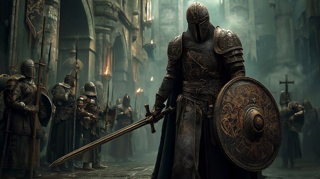 Fototapeta Medieval Knight with Army, Fantasy City, and Sword.