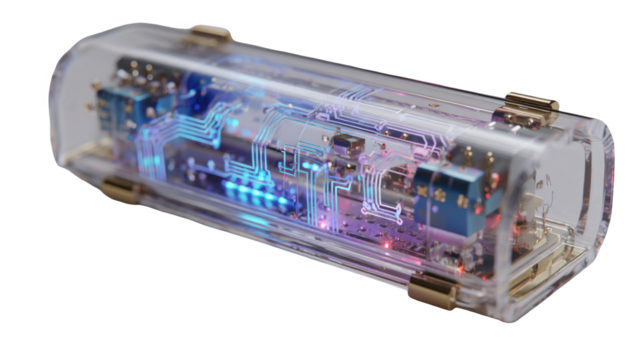 Complex circuitry glowing inside a sleek, transparent device showcasing advanced technology, innovation, and futuristic design on a transparent background