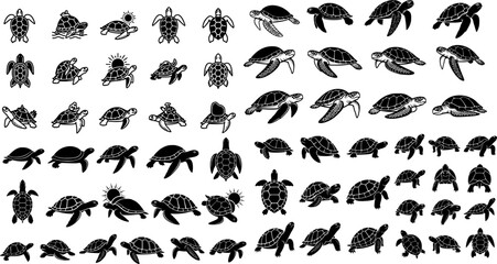 Obraz premium Unique icon set featuring turtle designs in black silhouette against a white background for aquatic themes 