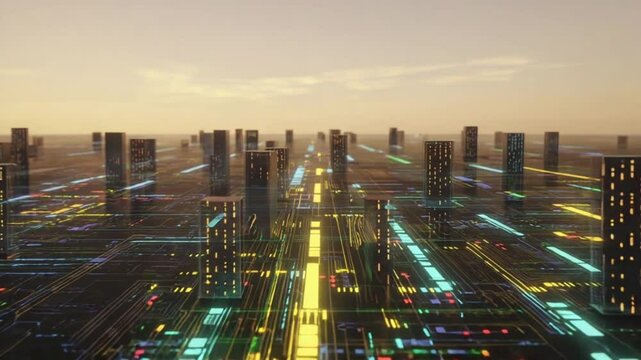 Top-down view city-sized circuit board, data packets traveling cars glowing highways, traffic-like data congestion, red yellow green paths, processing micro drone-style flythrough