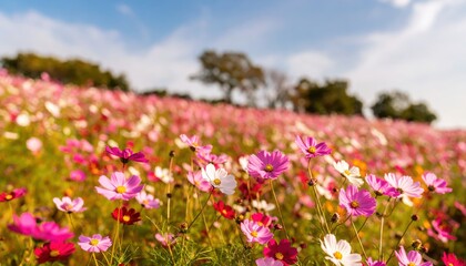 Field of Cosmos Blooms: Witness a breathtaking landscape of cosmos flowers in full bloom under a bright blue sky, a symphony of color and life.