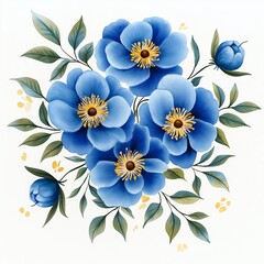 Watercolor illustration of a blue peonies with leaves floral element isolated on white background