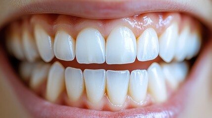 Close-up of healthy, bright white teeth and gums in a wide smile.