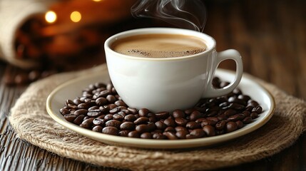 hot coffee in white cup and plate and smoke become, coffee beans scattered on coffee plate.