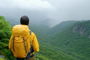 Naklejka premium Hiker struggles against heavy rain in a chaotic downpour during an adventurous trek in the wilderness