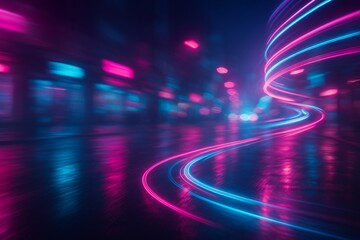 Abstract nightlife scene with neon pink and electric blue light trails, glowing reflections on wet pavement, urban energy and motion blur