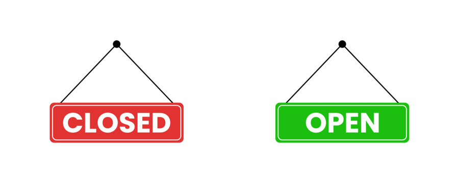 Green and red Open and Closed signs, ideal for store status, website banners or opening hours notices. Flat and clean layout.