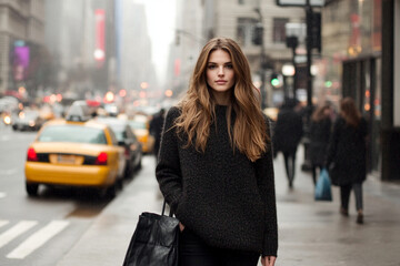 Fototapeta premium Model exudes confidence in stylish outfit against vibrant city backdrop during afternoon stroll