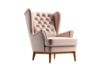 Comfortable pink wingback chair with modern design and wooden legs