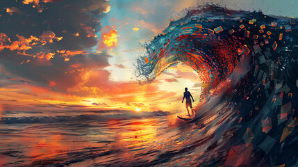 A person surfing on a giant wave made of emails and app icons, wearing casual startup gear, tropical sunset background with vivid colors.