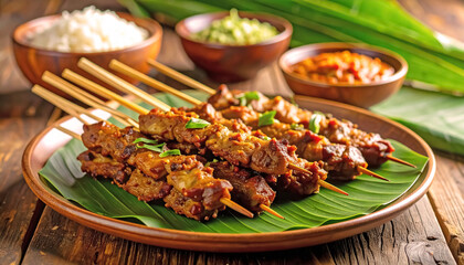 Fototapeta premium Close-up of Indonesian lamb satay (sate kambing) served on banana leaf with traditional side dishes like rice, chili sauce, and cucumber salad. A popular dish during festive occasions like Eid al-Adha
