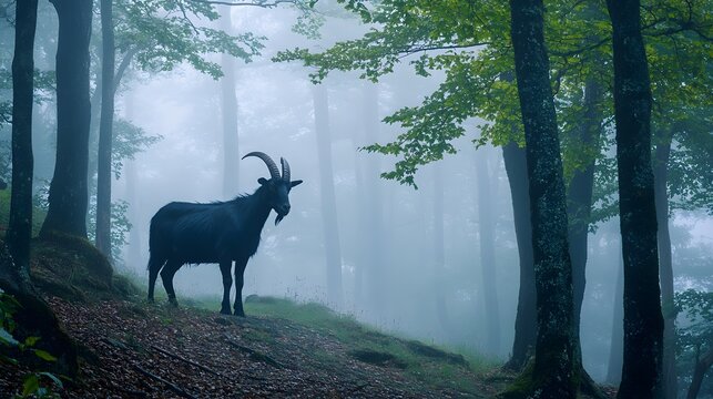 A majestic black goat standing alone in a misty forest clearing - Powered by Adobe