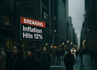 Electronic billboard on a busy city street reports shocking 12% inflation rate, with pedestrians walking by in a moody, urban atmosphere.