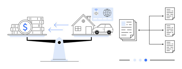 Scales balancing money with house and car interconnected documents illustrating asset management. Ideal for finance, real estate, budgeting, loans, decision-making, wealth planning, simple landing