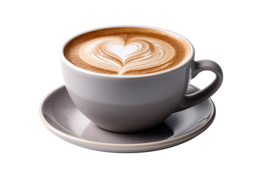 Delicious coffee cup with heart shaped latte art on white background
