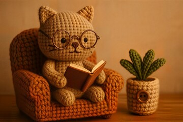 Knitted Cat Plush with Vintage Glasses Reading a Miniature Book
