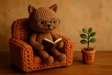 Knitted Cat Plush with Vintage Glasses Reading a Miniature Book | cat sitting on a chair