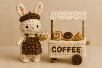 Handmade Bunny Doll Dressed as Barista with Crocheted Coffee Cart | knitted toy rabbit
