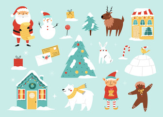 Christmas Clipart Set. Cute Winter Holiday Elements with Santa, Gingerbread Cookie, Animals and Gifts.
