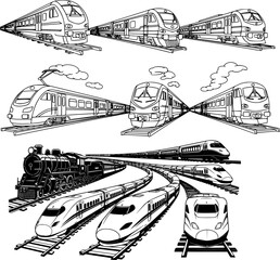 Different types of trains traveling on railway tracks with a focus on varying designs and styles
