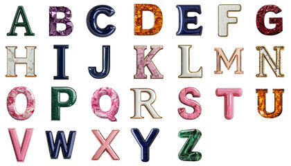 Png of Colorful decorative alphabet letters arranged in a grid pattern, showcasing various textures and colors.