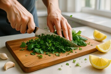 Hands Chopping Fresh Herbs on Wooden Cutting Board with Garlic and Lemon | woman hands cutting vegetables on a kitchen board