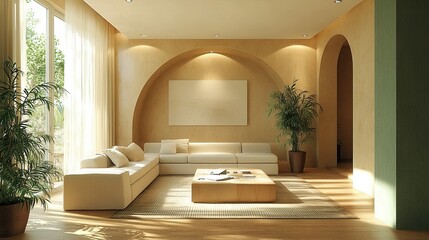 Bright living room with white sofa, wood floor, plants, and arched alcove with a blank canvas