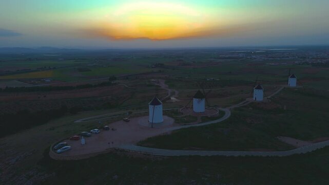 Aerial view of the windmills of Alc&aacute;zar de San Juan, Ciudad Real, Castilla-La Mancha, Spain	
