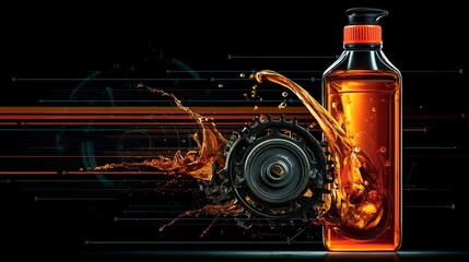 Motor Oil Bottle with Gear, Splash, and Tech Background.