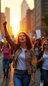 A group of women marches through a city street at sunset, her right arm is raised in a fist pump and celebrating victory. The background is a blurred people crowd mass protesters on road.