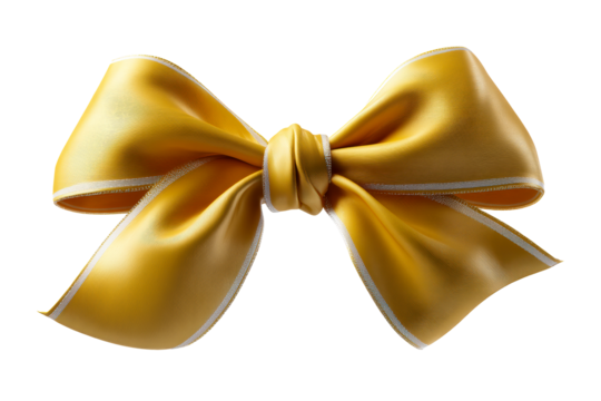 Bright yellow ribbon bow with silver accent on transparent background