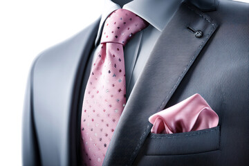 Stylish black suit with pink dotted tie and pocket square