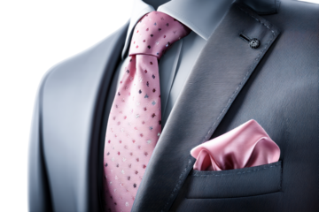 Stylish black suit with pink dotted tie and pocket square
