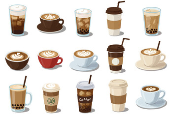 A collection of colorful illustrations showcasing different coffee and tea drinks.