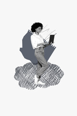 Collage of smiling young man woman girl guy in stylish outfit over notebook sheet with abstract elements on background