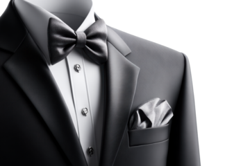 Formal black tuxedo with bow tie and pocket square displayed