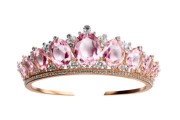 Elegant pink gemstone tiara with diamonds on a transparent background