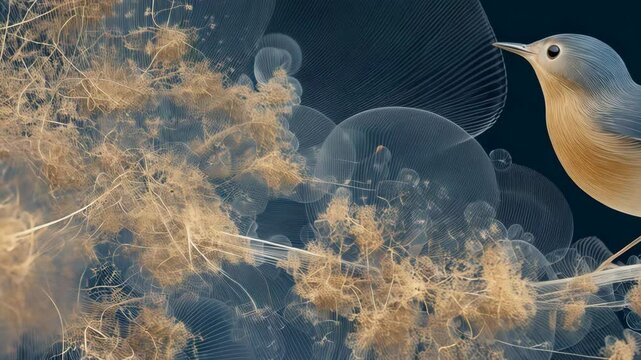 A blue and tan bird perched on a branch with dandelion seed heads and line art orbs in a dreamy illustration style.