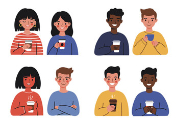 A collection of diverse cartoon characters, each holding a coffee cup, engaging in various social interactions.