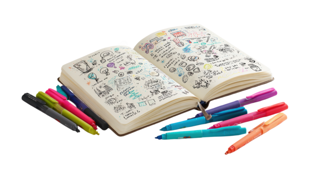 Open notebook showcasing vibrant hand drawn sketches lies open, surrounded by an array of colorful pens, all set against a transparent background