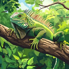 Fototapeta premium Vivid illustration of a green iguana resting on a tree branch.