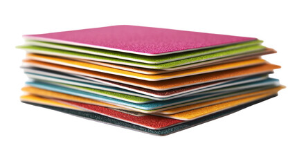 Colorful biodegradable cards are stacked, showcasing a vibrant array of colors and promoting eco conscious practices with a transparent background for easy integration into various designs