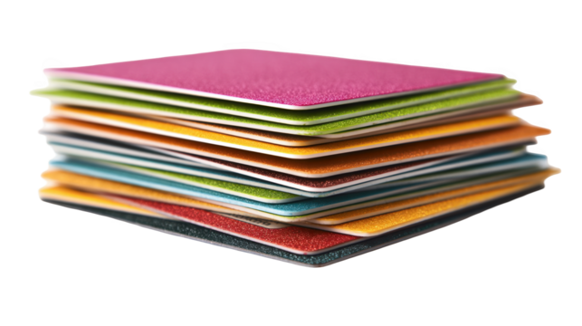 Colorful biodegradable cards are stacked, showcasing a vibrant array of colors and promoting eco conscious practices with a transparent background for easy integration into various designs
