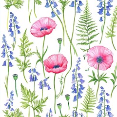 Obraz premium Watercolor Floral Pattern With Pink Poppies And Bluebells