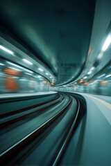 Blurred motion of subway tracks in futuristic underground station – abstract transportation speed concept