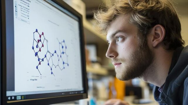 Focused student studying molecular structure on computer screen