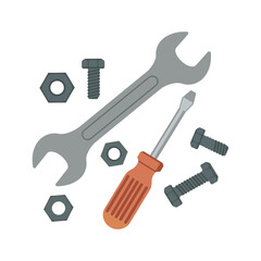 “Hand Tools Illustration with Wrench, Screwdriver, Bolts, and Nuts for Repairs”