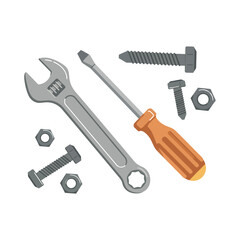“Hand Tools Illustration with Wrench, Screwdriver, Bolts, and Nuts for Repairs”